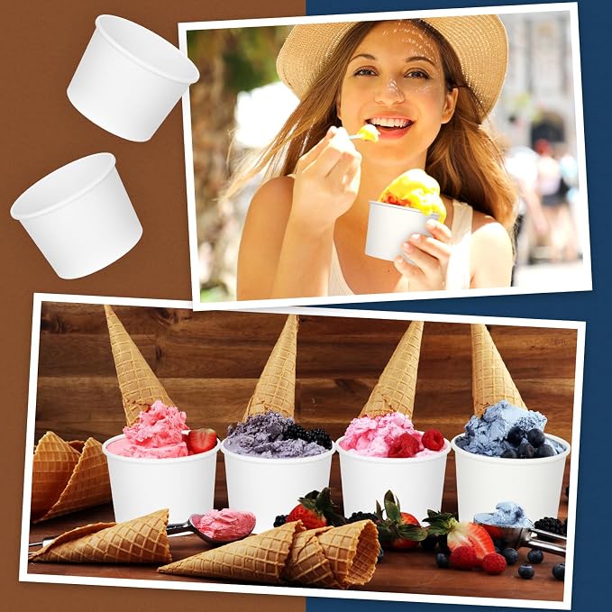 Nuenen 100 Pcs 8 oz Summer Ice Cream Paper Cups Bulk Disposable Dessert Cups Solid Color Paper Dessert Bowls for Snack Sundae Spring Party Favors Ice Cream Bar Supplies (White) - Image 6