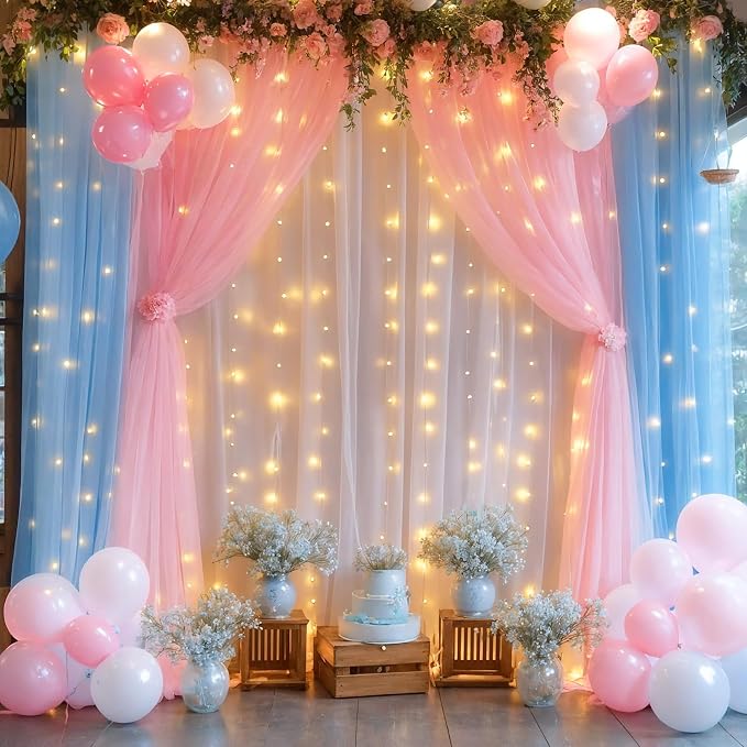 Pink Blue Sheer Tulle Backdrop Curtains with Lights String for Gender Reveal Baby Shower Decorations for Boy or Girl Birthday Party Photo Shoot Backdrop Background Decorations 2 Panels 5×8ft - Image 4