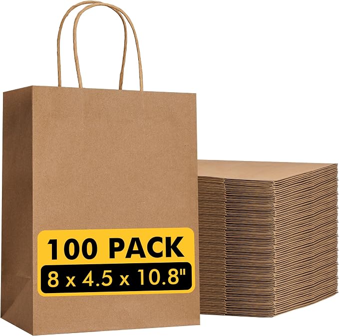 RACETOP 100 Pack Brown Kraft Gift Paper Bags with Handles 8x4.5x10.8 in | Recycled Paper, Reinforced Handles, for Retail, Party, Shopping, Favors, Gift Bags, Gift Giving, Eco-Friendly by RACETOP