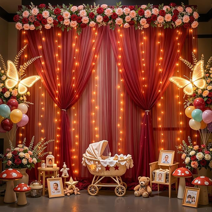 10×10ft Burgundy Tulle Backdrop Curtain with Lights String for Parties, Sheer Photo Backdrop Curtains for Wedding Party Photography Background - Image 3
