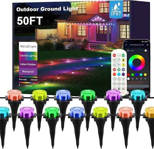 Outdoor Ground Lights, 50FT Smart RGB Pathway Lights with APP/Remote Control, Music Sync, Timer Function, IP67 Waterproof Wired Color-Changing Pathway Light for Garden, Courtyard, Lawn and Parties
