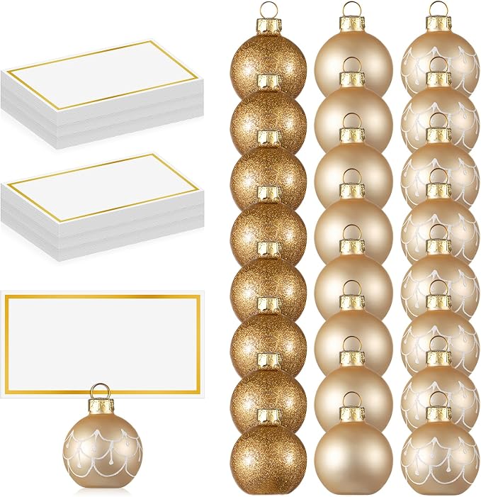Civaner 24 Pcs Christmas Ornament Place Card Holders and Name Cards Set | Gold Glass Ball Table Number Stand, Sign Holder for Xmas Winter Wedding Anniversary Birthday Party, 1.6 Inch by Civaner