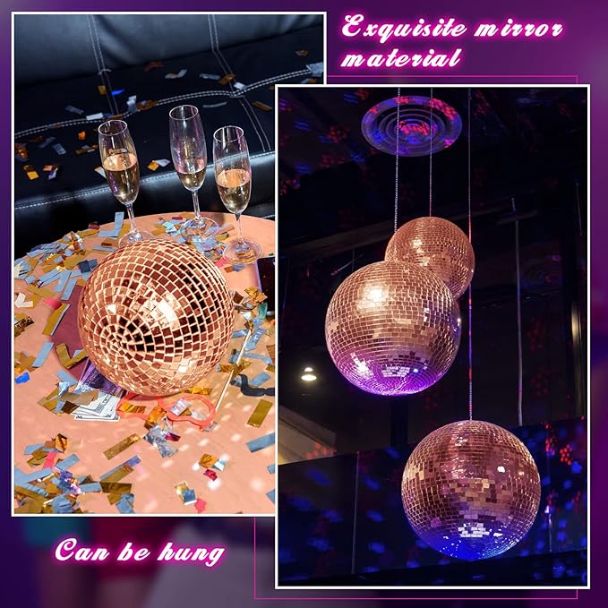 WILLBOND 12 Pack Disco Ball Mirror Ball with Hanging Ring for Fun Retro Disco Party Decorations Party Dj Lighting Effect Stage Props Game Accessories, 5.91", 3.94", 3.15", 2.36"(Rose Gold)