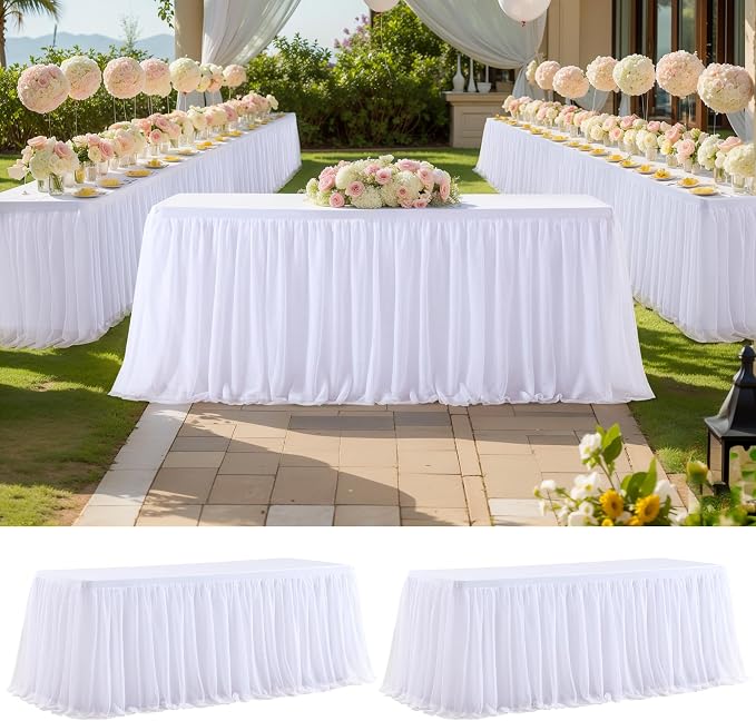 2 Pack White Tablecloth for 6 Foot Rectangle Tables with Tulle Table Skirt | Stretch Spandex Fitted Table Cover,One-Piece Design,Non-slip Elastic Wedding Table Cloths for Party Baby Shower Cake Display by PartyTalk