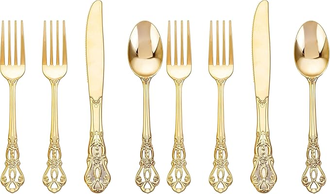 40PCS Gold Plastic Silverware - Heavy Duty Elegant Disposable Utensils - Gold Plastic Cutlery Set Includes 20 Forks, 10 Spoons, 10 Knives for Dinner, Parties, Weddings (Pack of 2)