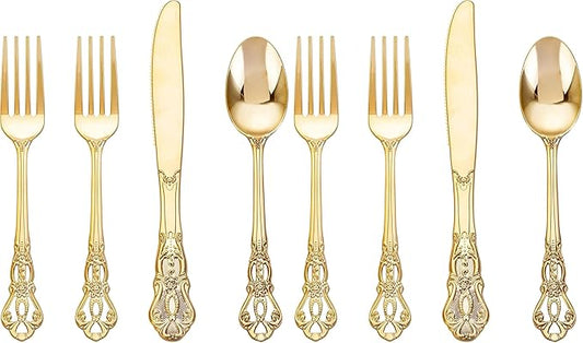 40PCS Gold Plastic Silverware - Heavy Duty Elegant Disposable Utensils - Gold Plastic Cutlery Set Includes 20 Forks, 10 Spoons, 10 Knives for Dinner, Parties, Weddings (Pack of 2)