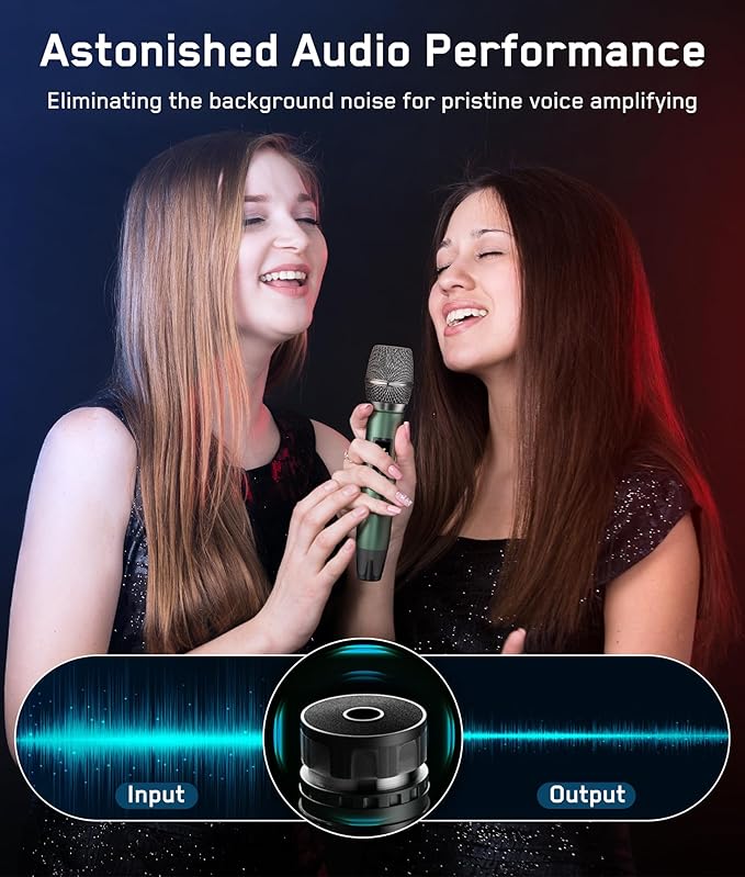 Rechargeable UHF Wireless Microphones, Two Metal Handheld Microphones with 1/4" Receiver, Plug-and-Play for Speaker & PA System, Karaoke Singsing, Lecture, Stage Performance (Green&Grey)