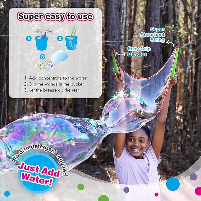 WOWmazing Giant Bubble Wands Kit: (4-Piece Set) | Incl. Wand, Big Bubble Concentrate and Tips & Trick Booklet | Outdoor Toy for Kids, Boys, Girls | Bubbles Made in The USA