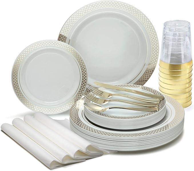 " OCCASIONS " 200pcs set (25 Guests)-Heavyweight Wedding Party Disposable Plastic Plate Set -25 x10.5'' + 25 x7.5''+Silverware +Cups+linen like paper Napkins (Celebration white & Gold) by OCCASIONSFINESTPLASTICTABLEWARE