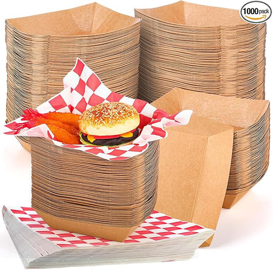 Potchen 1000 Pcs Disposable Paper Food Tray and Grease Proof Deli Liner, 2 lb Coated Paperboard Food Boats Wax Paper Holds Nacho Taco Hot Dog for Picnics Carnivals Birthday(Red and White,Checkered) by Potchen