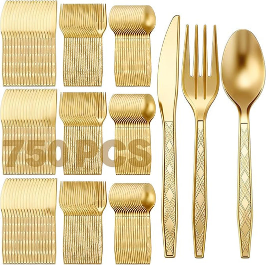 Sieral 750 Pcs Gold Plastic Silverware Set Disposable Utensils Heavy Duty Gold Cutlery Includes 250 Plastic Knives 250 Disposable Forks 250 Spoons for Party Birthday Wedding Graduation Event