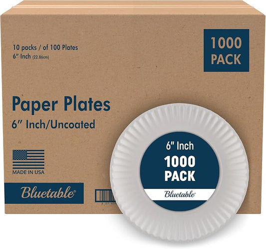 Bluetable 6 Inch Paper Plates Bulk – 1000 Count - Uncoated White 6” Dinner Plate Small Dessert Plate Decorative Craft Paper Plates Disposable Plates [1000 Pack/Case] by Bluetable