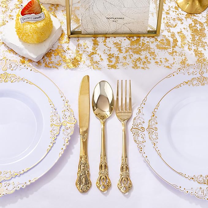 150 Pieces Gold Plastic Silverware - Heavy Duty Gold Disposable Utensils - Fancy Plastic Cutlery Set Includes 50 Forks, 50 Spoons, 50 Knives for Holidays Parties Weddings