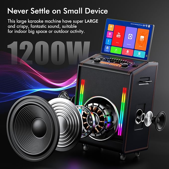 Smart Karaoke Machine with 17.3 Inch Touch Screen & Lyrics Display, Up to 1200W Powerful Speaker, Super Deep Bass Sound for Home Party, Outdoor - Perfect for Adults, Kids, Singers & Music Lovers