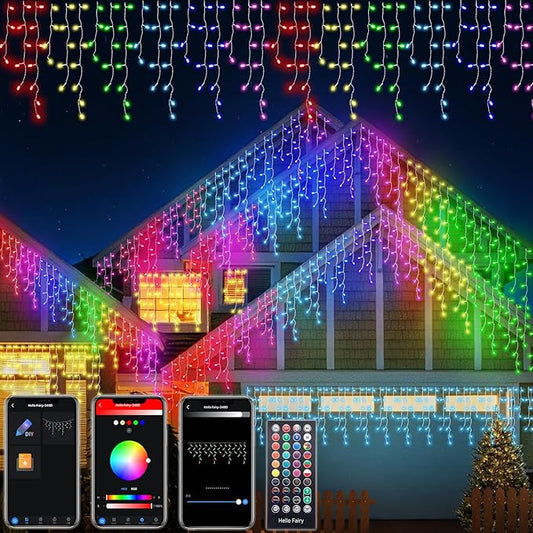 Gemce Smart RGB Icicle Lights, 66ft 608 LEDs Outdoor/Indoor Christmas Chasing Lights, 16 Million DIY Colors, Music Sync, 58+ Scene Modes, App Control for Holiday & Party Decor