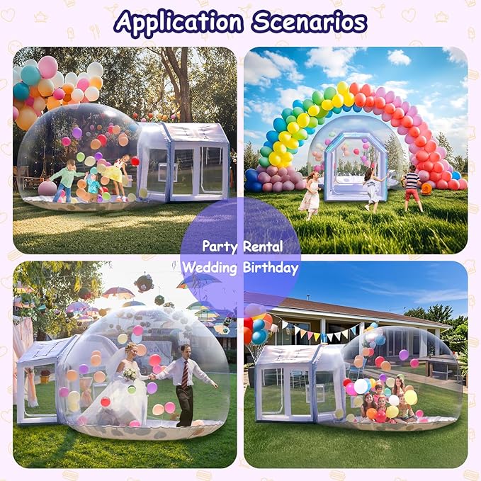 10ft Inflatable Bubble House Dome with Tunnel for Kids, Clear TPU Balloon Tent for Parties, Includes 450W Air Blower & 600W Air Pump