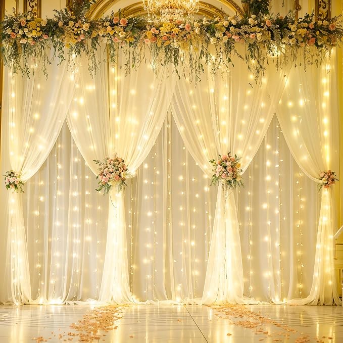 6 Panels Champagne Sheer Tulle Backdrop Curtains with Lights String for Party Wedding Wrinkle Free Curtain Backdrops Drapes for Baby Shower Bridal Shower Photo Background Home Decorations 30ft x 10ft - Image 8