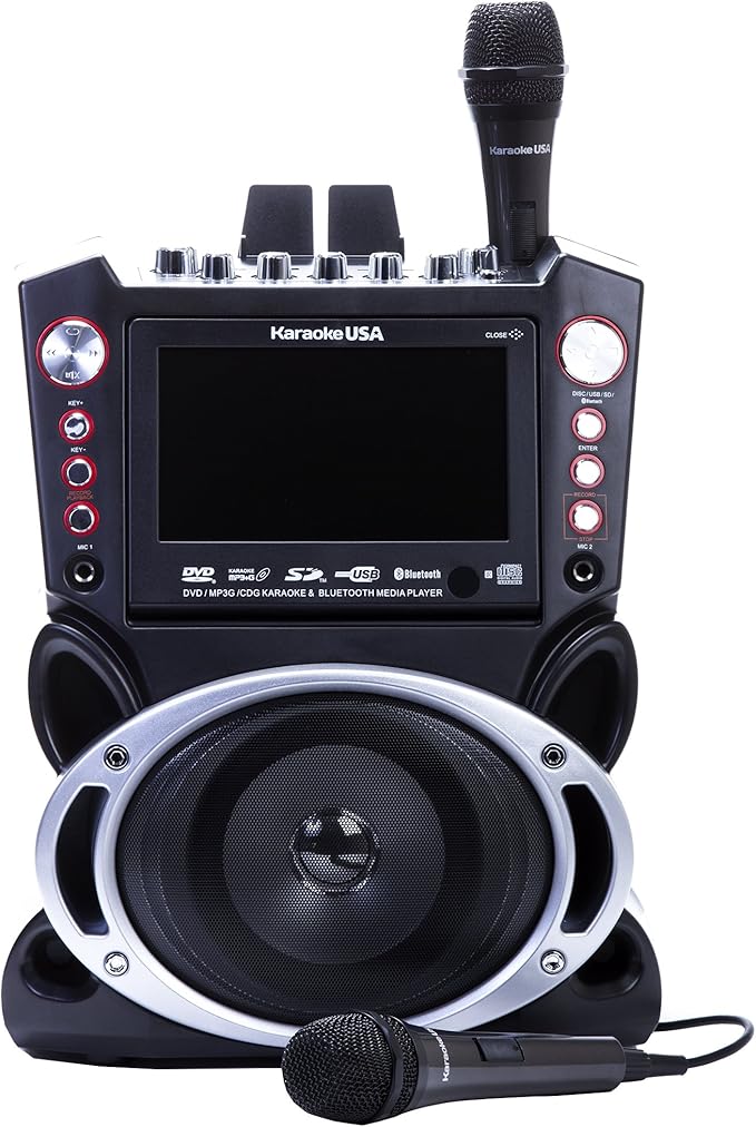 Karaoke USA GF845 Complete Karaoke System with 2 Microphones, Remote Control, 7” Color Display, LED Lights - Works with DVD, Bluetooth, CD, MP3 and All Devices