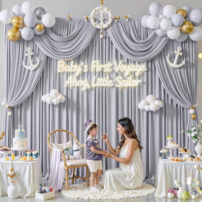 40 ft x 10 ft Wrinkle Free Silver Backdrop Curtain for Parties, Polyester Silver Grey Backdrop Drapes 8 Panels 5x10ft for Baby Shower Photoshoot Engagement Wedding Birthday Photography Background - Image 7