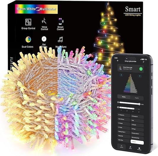 BrizLabs Smart Christmas Lights with App & Voice Control, 180ft 500 LED Warm White & Multicolor Color Changing String Lights, Dimmable Christmas Tree Light String Clear Wire for Xmas Tree Party Decor