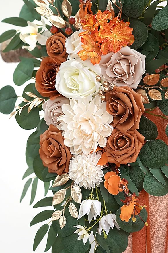 Olalaka Burnt Orange Artificial Wedding Arch Flowers Kit (Pack of 3) with 26Ft Terracotta Shiny Arch Draping Fabric for DIY Wedding Party Ceremony Reception Backdrop Floral Decoration - Image 5