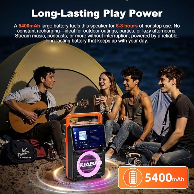 Karaoke Machine with 10.1” Built-in Screen, Bluetooth Speaker with Lyrics Display, Wireless Screen Mirroring for iOS & Android, PA System with Lights, 2 Rechargeable Mics, 5400mAh, Perfect for Parties