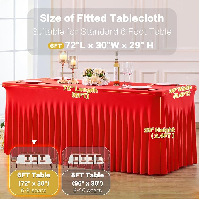 gogoparti 2 Pack Spandex Red Fitted Table Cloth for 6ft Rectangle Tables Red Stretch Tablecloth Table Covers Skirt Banquet Wrinkle Free Tablecloths for Parties Wedding - Image 5