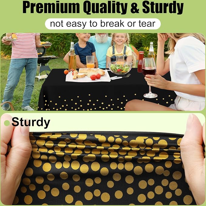 Smiry Disposable Table Cloth - 10 Pack, 54 x 108 Inch Waterproof Rectangle Tablecloths for Parties, Decorative Plastic Table Cover, Leakproof & Sturdy, Black & Gold - Image 2