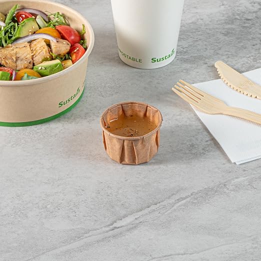 Restaurantware-Sustain 2 Ounce Portion Cups, 100 Disposable Condiment Cups - Compostable, Versatile, Kraft Paper Sample Food Cups, Stylish, For Serving Dips, Jams, Sauces, Nuts, And More - Image 7