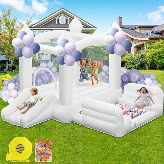 White Bounce House for Kids 3-8, Inflatable Bouncy House with Air Blower Slide Ball Pit Jumping 100 Balloons, Outdoor and Indoor Bouncy Castle for Party Birthday Wedding Event (10x6x6FT)
