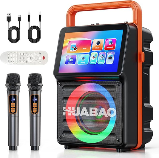 Karaoke Machine with 10.1” Built-in Screen, Bluetooth Speaker with Lyrics Display, Wireless Screen Mirroring for iOS & Android, PA System with Lights, 2 Rechargeable Mics, 5400mAh, Perfect for Parties