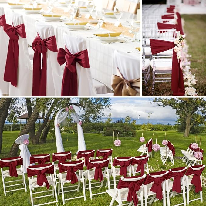 YMHPRIDE 60 PCS Burgundy Satin Chair Sashes,Ties Bows Designed Chair Sashes for Wedding Party Baby Shower Banquet Restaurant Hotel Folding Chairs Decoration(Burgundy,7x78 inch) - Image 7