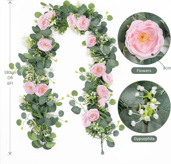 TOCHGREEN 2 Pack 13Ft Artificial Eucalyptus Flower Garland with Pink Roses | Fake Rose Flower Greenery Garland Floral Vines for Wedding Centerpiece Backdrop Home Party Table Runner Valentines Day Decor - Image 5