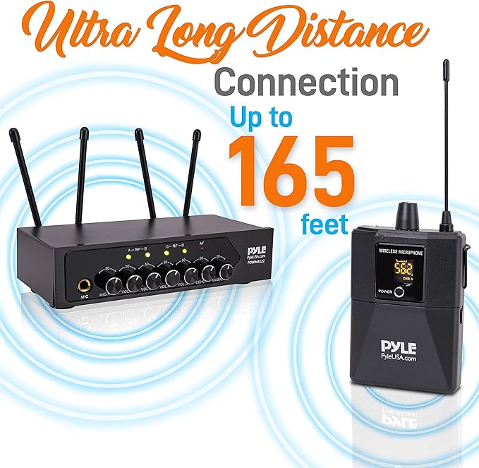 Pyle Portable UHF Wireless Microphone System - Battery Operated Four Bluetooth Cordless Microphone Set with 50 Channels Selectable Frequency, Receiver Base, AUX, for PA Karaoke DJ Party -PDWM4122