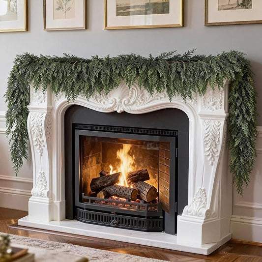 1 Pcs 9 FT Real Touch Faux Cedar Garland, Realistic Artificial Thick Green Christmas Greenery Cedar Garland for Mantle Table Stairs Wall Outdoor Indoor Christmas Decorations by PABREY