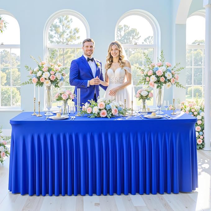 gogoparti 8 Pack Spandex Royal Blue Fitted Table Cloth for 6ft Rectangle Tables Blue Tablecloth Stretch Table Covers Skirt Banquet Wrinkle Free Tablecloths for Parties Wedding - Image 3