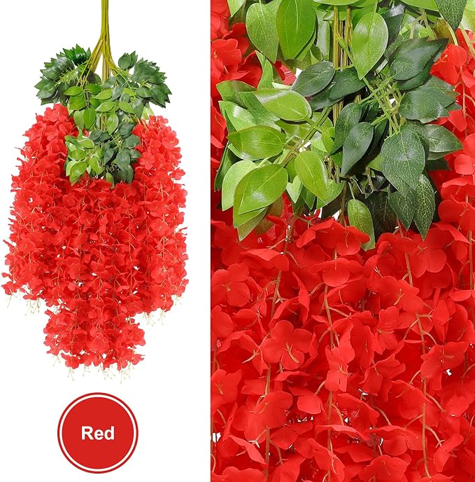 U'Artlines 24 Pack (Total 86.4 Feet) Artificial Fake Wisteria Vine Rattan Hanging Garland Silk Flowers String Home Party Wedding Decor (24, Red) - Image 3