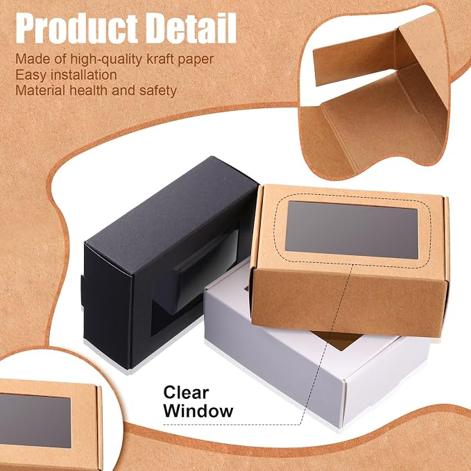 Zonon 30 Pcs Soap Boxes for Homemade Packaging, Mini Kraft Boxes with Window for Bakery Candy Soap Making Gift Packaging, 3.7x2.6x1.4 Inch (Black Brown White) - Image 3
