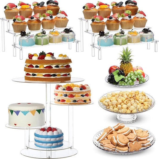 6 Pcs Acrylic Dessert Stands Set Include Display Risers Cupcake Tower and Clear Round Dessert Trays Cake Table Holder for Wedding Baby Shower Decoration(Retro Style) by RimCereal