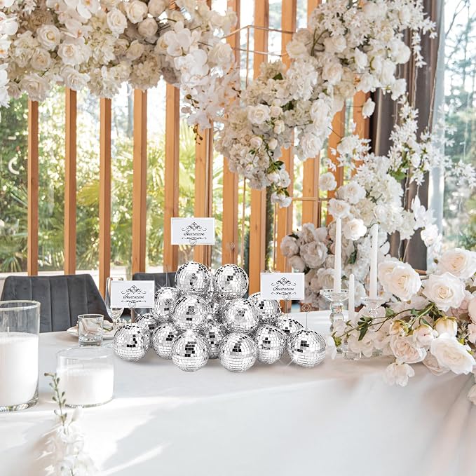 Maitys 20 Set Disco Ball Table Number Holders Silver,60pcs/20 Set,4 Inch | Swirl Wire Clips for Place Cards, Name Tags, Photo Stand, Wedding Bachelorette Party Decor, Includes 40 Blanks for Guests - Image 6