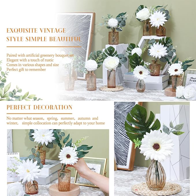 FoldTier 108 Pcs Artificial Flowers in Vase 96 Pcs Faux Greenery Stem Table Centerpiece Fake Plants Silk Roses Arrangement 12 Pcs Glass Vase Sets for Wedding Bathroom Home Dining Decor(Champagne) - Image 4