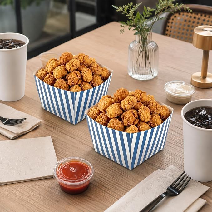 Restaurantware Bio Tek 5.3 x 5.3 x 3.3 Inch Popcorn Boxes 200 Square Mini Treat Boxes - Open-Top Design Grease Impermeable Blue And White Paper Party Favor Containers Disposable Versatile - Image 4