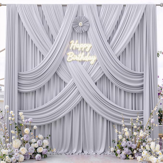 40 ft x 10 ft Wrinkle Free Silver Backdrop Curtain for Parties, Polyester Silver Grey Backdrop Drapes 8 Panels 5x10ft for Baby Shower Photoshoot Engagement Wedding Birthday Photography Background - Image 3