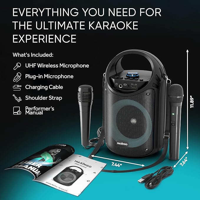 MASINGO Karaoke Machine for Kids and Adults with 1 Wireless Karaoke Microphone and 1 Wired Mic, PA Portable Speaker with LED Lights, Supports TF Card/USB, AUX/MIC in, TWS for Home Party, Burletta C10