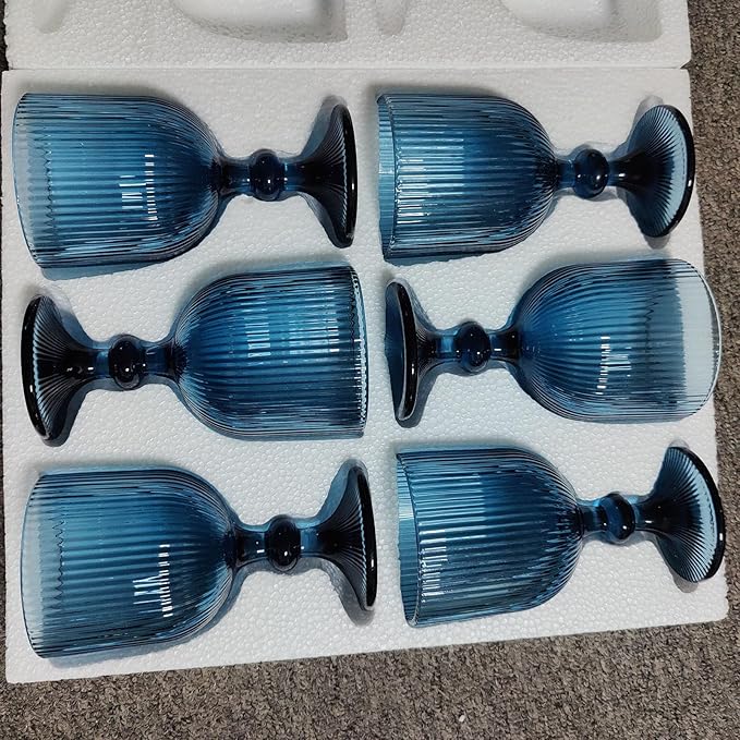 Blue Glasses Drinking Water Goblets set of 6 Big Vintage Glassware 13oz Colored Wine Glasses for Wedding Party Bar Vertical Line Embossed Pattern Stemmed Cups 400ml
