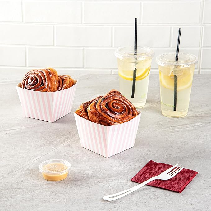 Restaurantware-Bio Tek 4.3 x 4.3 x 3.2 Inch Snack Boxes, 200 PE Coating Treat Boxes - Sturdy, Disposable, Pink And White Paper French Fry Box, Open Top, Striped Design - Image 6