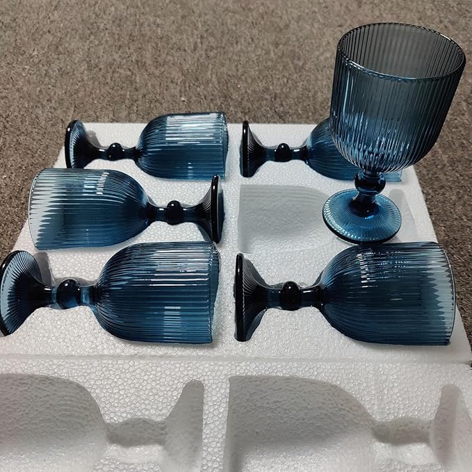 Blue Glasses Drinking Water Goblets set of 6 Big Vintage Glassware 13oz Colored Wine Glasses for Wedding Party Bar Vertical Line Embossed Pattern Stemmed Cups 400ml