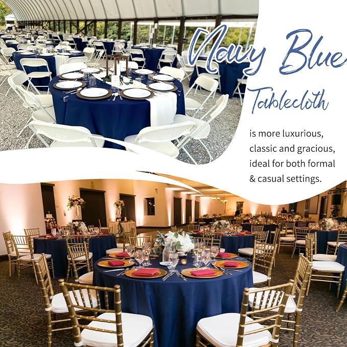 Showgeous 12 Pack Navy Blue Polyester 120 Inch Round Tablecloths | Soft polyester, wrinkle resistant, fade resistant, smooth finish, fine stitching, folded hems, reusable, machine washable - Image 3