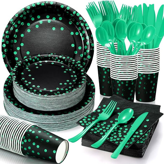 Sieral 560 Pcs Black and Green Party Supplies for 80 Guests, Polka Dot Disposable Tableware Set with Paper Plates Napkins Cups Plastic Cutlery for Birthday Graduation Retirement Dinner Decorations by Sieral