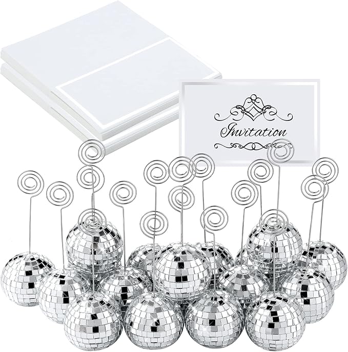 Maitys 20 Set Disco Ball Table Number Holders Silver,60pcs/20 Set,2 Inch | Swirl Wire Clips for Place Cards, Name Tags, Photo Stand, Wedding Bachelorette Party Decor, Includes 40 Blanks for Guests - Image 8